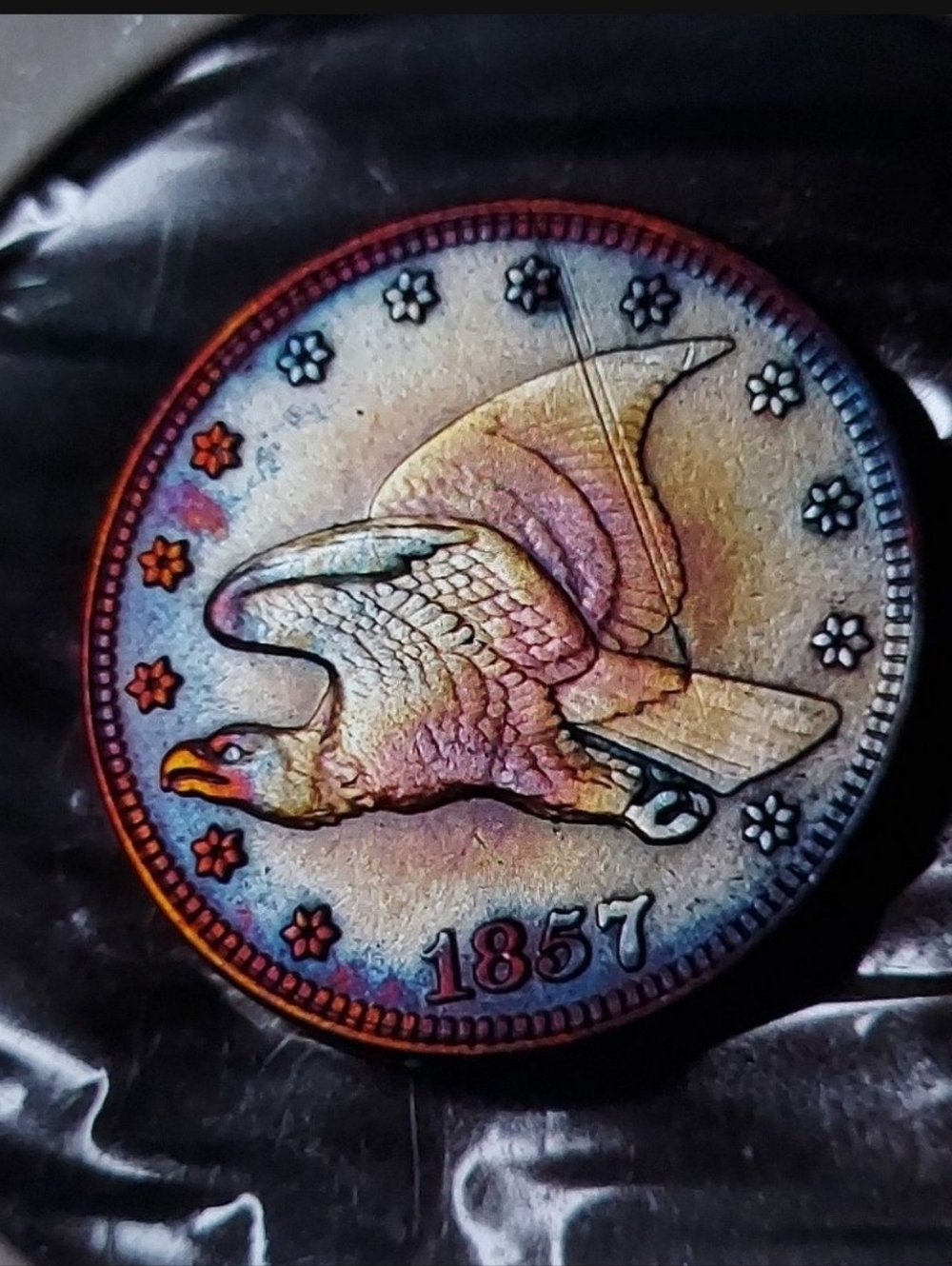 1857 Flying Eagle Novalaty Coin - Iridescent Toned